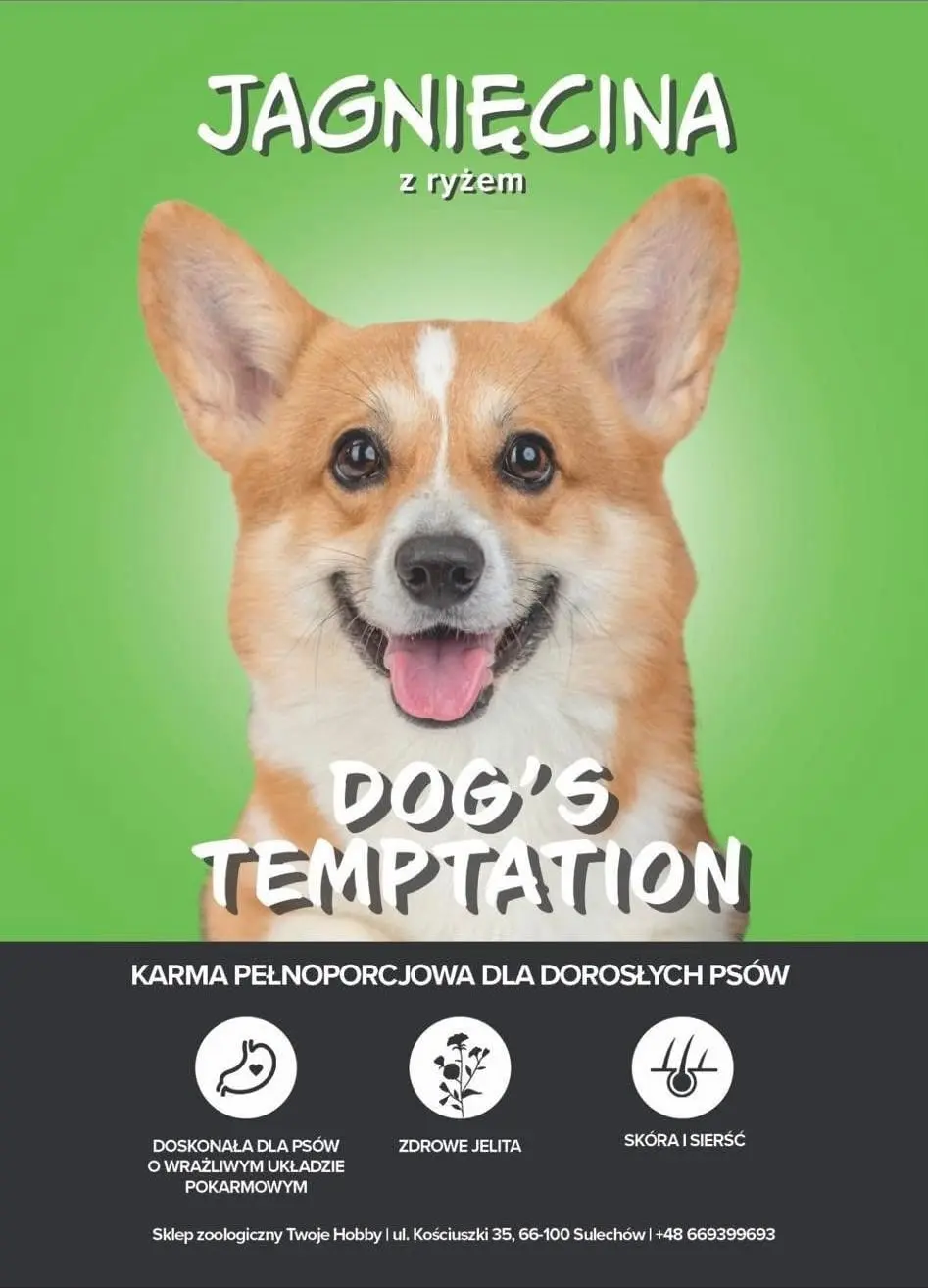 Etykieta karmy Dog's Temptation — Jagnięcina z ryżem, dla dorosłych psów