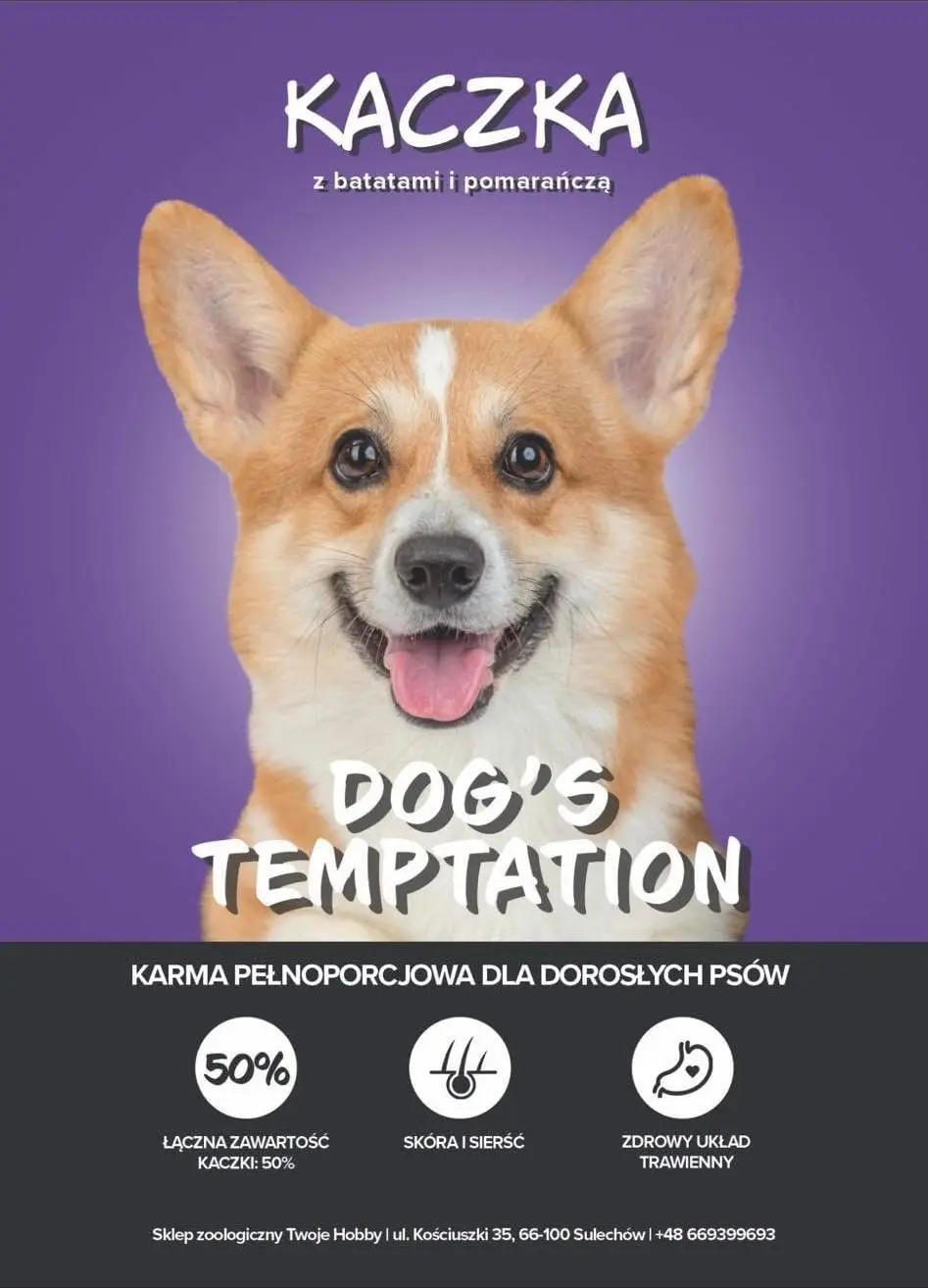 Etykieta karmy Dog's Temptation — Kaczka z batatami i pomarańczą, dla dorosłych psów