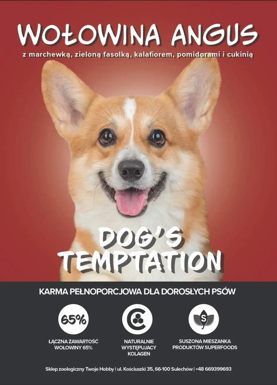 Etykieta karmy Dog's Temptation — Wołowina Angus z marchewką, zieloną fasolką, kalafiorem, pomidorami i cukinią, dla dorosłych psów